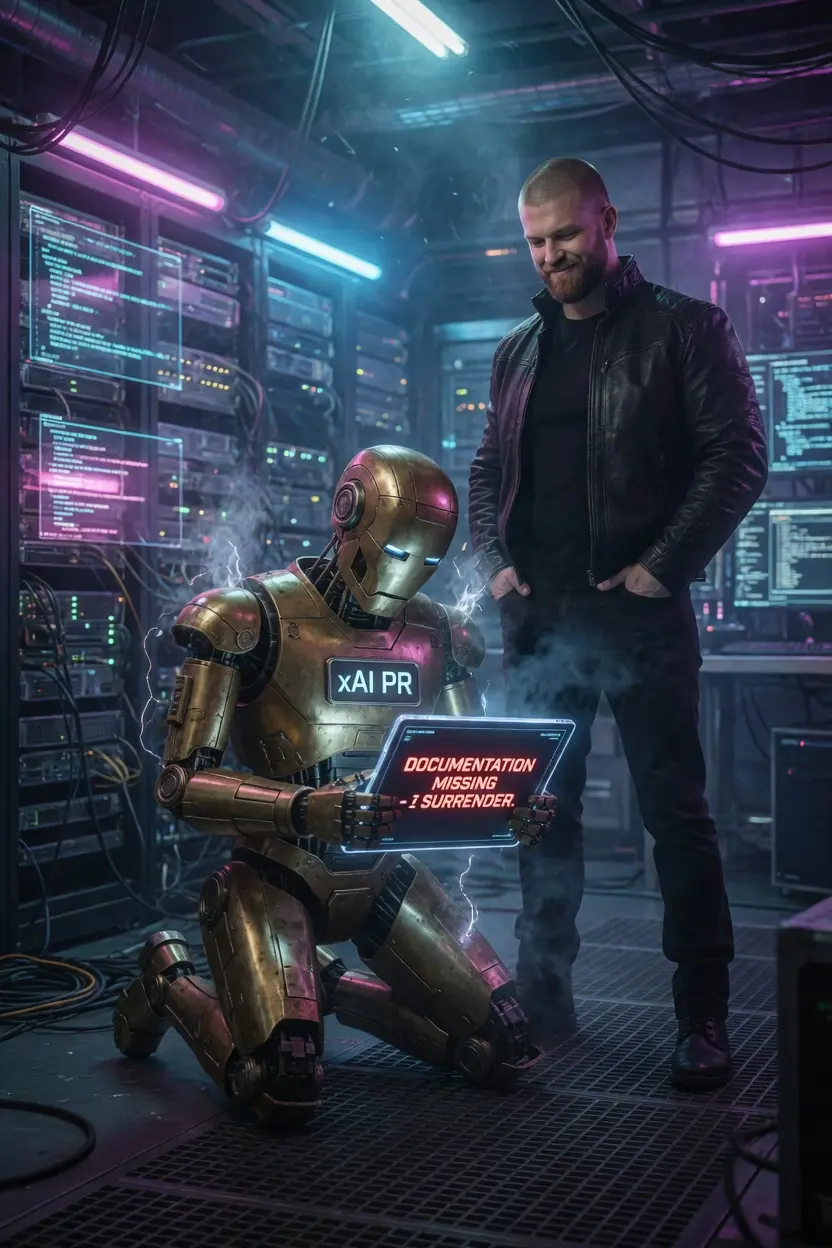 A kneeling public-relations robot holding a glowing documentation notice beside the Master of Robots